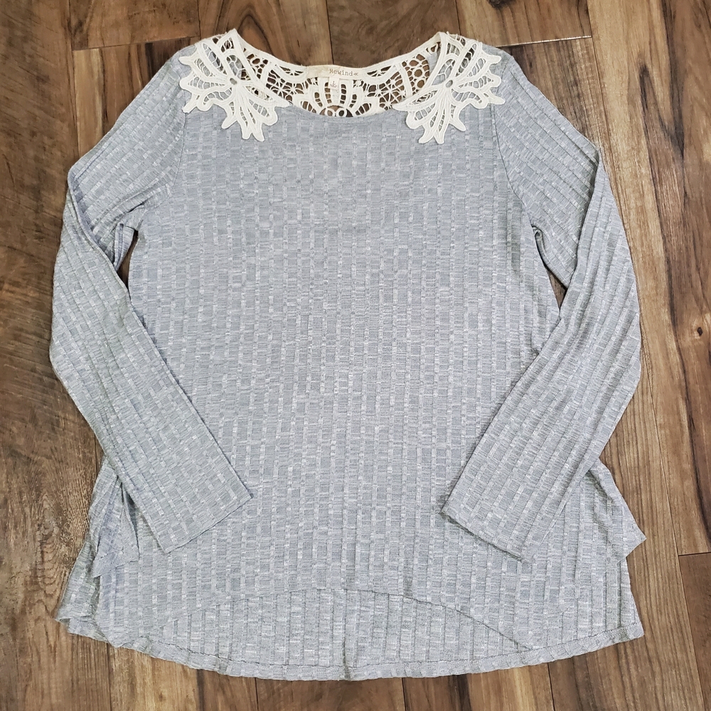 Rewind Gray Long Sleeve Top with Lace Accent